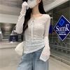 Korean Bow Polka Dot V-neck Long-sleeved T-shirt Women's Early Spring Single Wear Thin Mesh Pure Desire Slightly Transparent Bottom Top