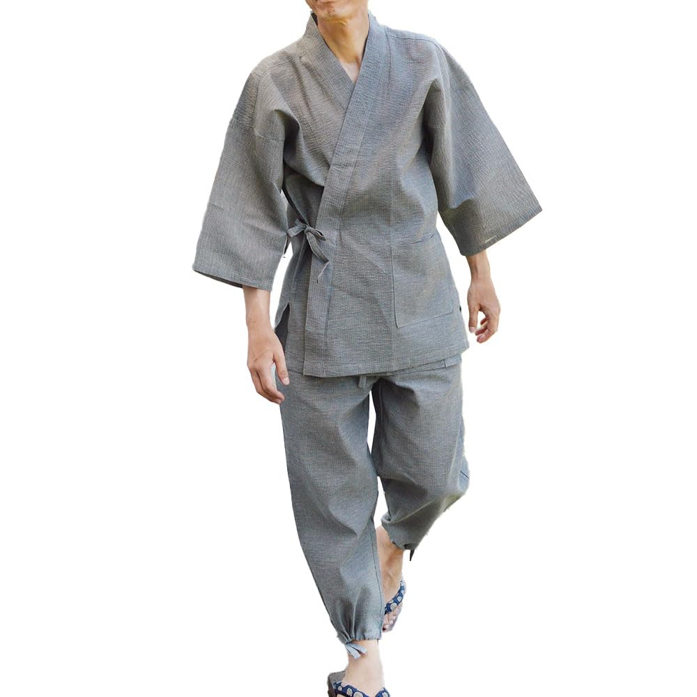 Japanese Samue Shijira-ori Men's Japanese Workwear, Cotton-linen Blend, Summer, Cool, Loungewear Size M Color Light Gray