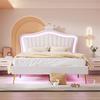 Bedroom Bed Upholstered Frame with Adjustable Headboard Height Double 4 Automatic Switching Mode Apartment Furniture LED Light Strip Higher