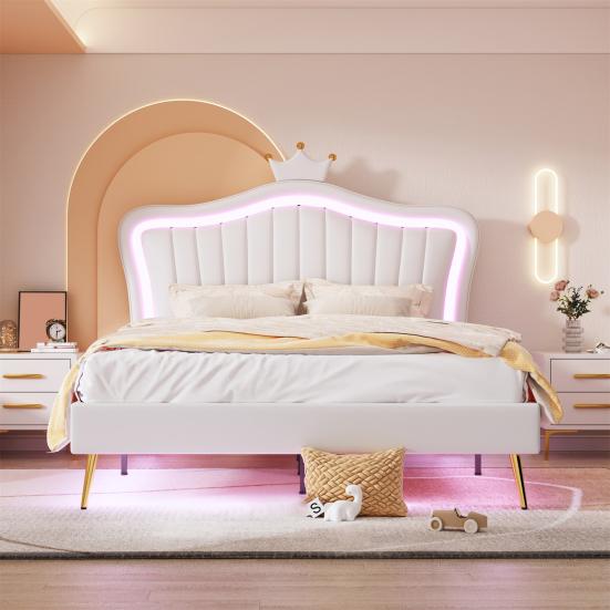 Bedroom Bed Upholstered Frame with Adjustable Headboard Height Double 4 Automatic Switching Mode Apartment Furniture LED Light Strip Higher