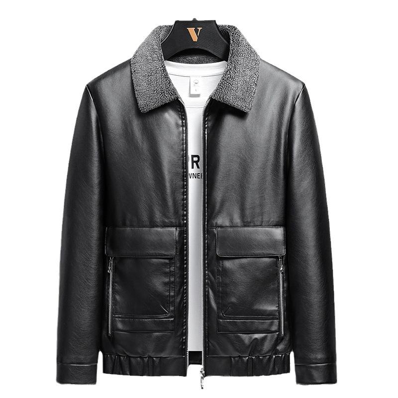 New Winter Men's Leather Jacket Plus Velvet Thickened PU Leather Jacket Men's Lamb Velvet Fur All-in-one Warm Jacket