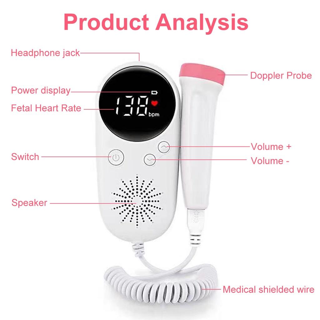 2.5MHz ABS Plastic Baby Heart Rate Monitor Pregnant Women Fetal Heart Rate Meter Household Baby Fetal Doppler Heartbeat Detector White
