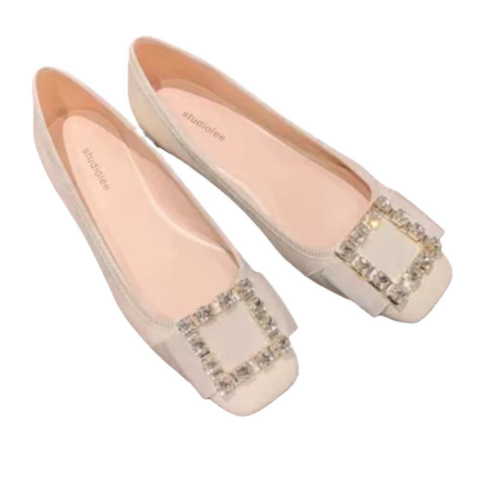 Cowhide Version~ Rhinestone Silver Genuine Leather Mary Jane Single Shoes Women's Buckle Soft-soled Ladyshoes French Flat Shoes Small Leather Shoes