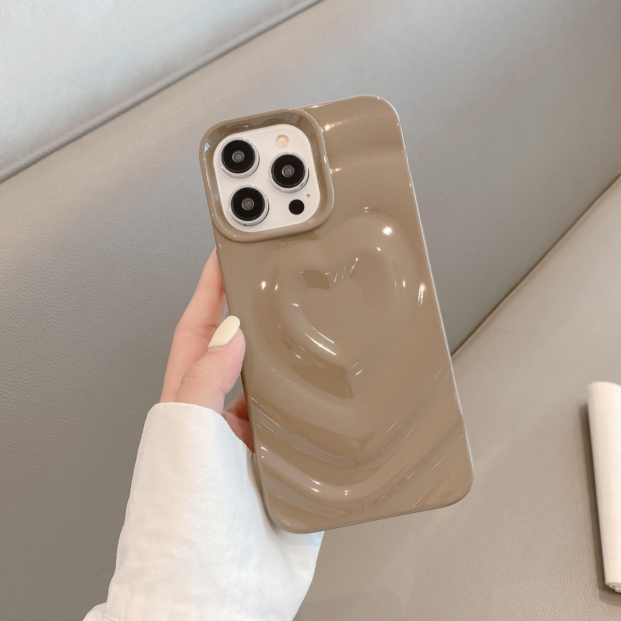 

INS Глянцевый чехол для телефона с сердечком для iPhone 16 Plus 15 14 13 12 11 Pro Max Милый Модный 3D Волнистый узор Бампер Противоударная крышка For iPhone 15 Pro коричневый