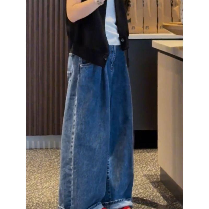 Korean Style Loose Lazy Slimming Wide-Leg Pants Blue Jeans Women 2025 Summer New Plus size Mopping Pants