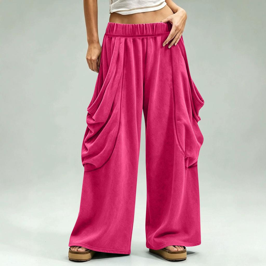 Women's Fashion Wide Leg Pants with Elastic Waist and Large Pockets, Color Loose Fit Casual Trousers