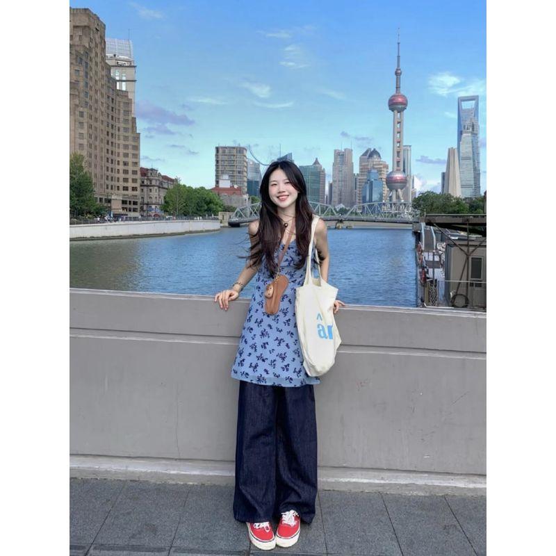 

Kumikumi Sweet Style French style V-neck Floral Vest Dress Women Summer Waist Hugging Slimming Chica Word Short dress Dress XL