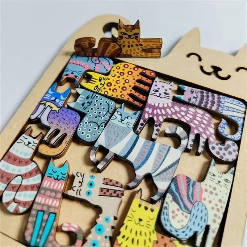 1PCS Wooden Cat Shape Puzzles Mini Irregular Animal Cat Pieces Table Games Montessori Kids Creative Educational Toy