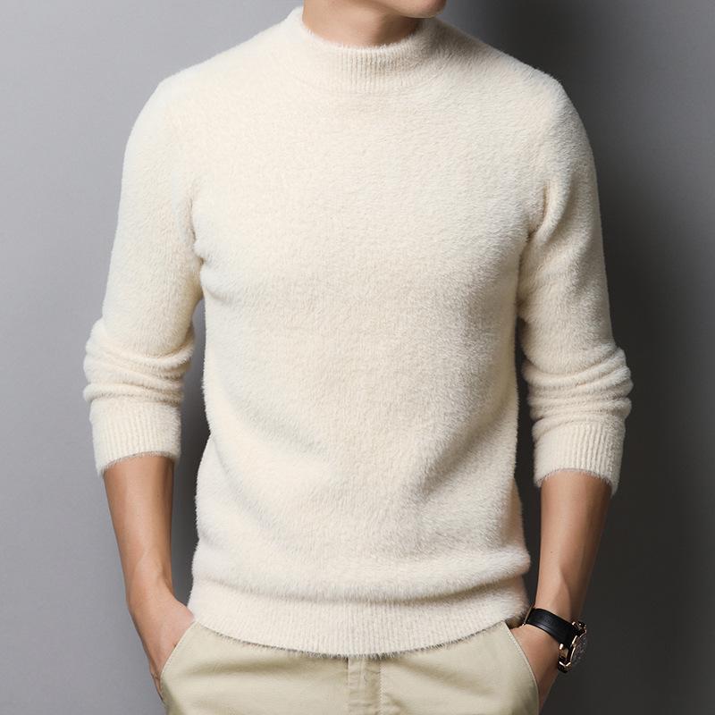 Herren Bestickter Goldener Nerzimitat Kaschmirpullover - Mittelhoher Kragen Warm Lässig Pullover