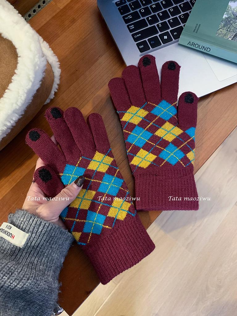 Warme Handschuhe Damen Winterwolle gestrickt farblich passend Rautenmuster kältefest Samt Fünffinger Student Reiten kann den Bildschirm berühren