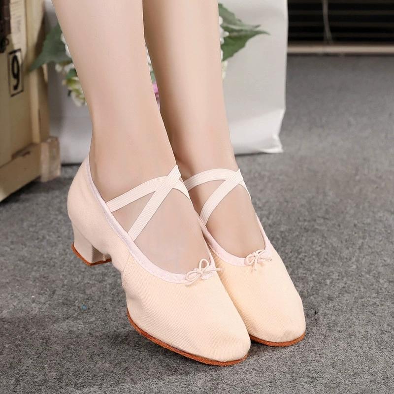 Women's Adult Child Canvas Soft Sole Training Shoes for Yoga Ballet Folk Dance High-Heeled Teacher Shoes Leather Sneakers