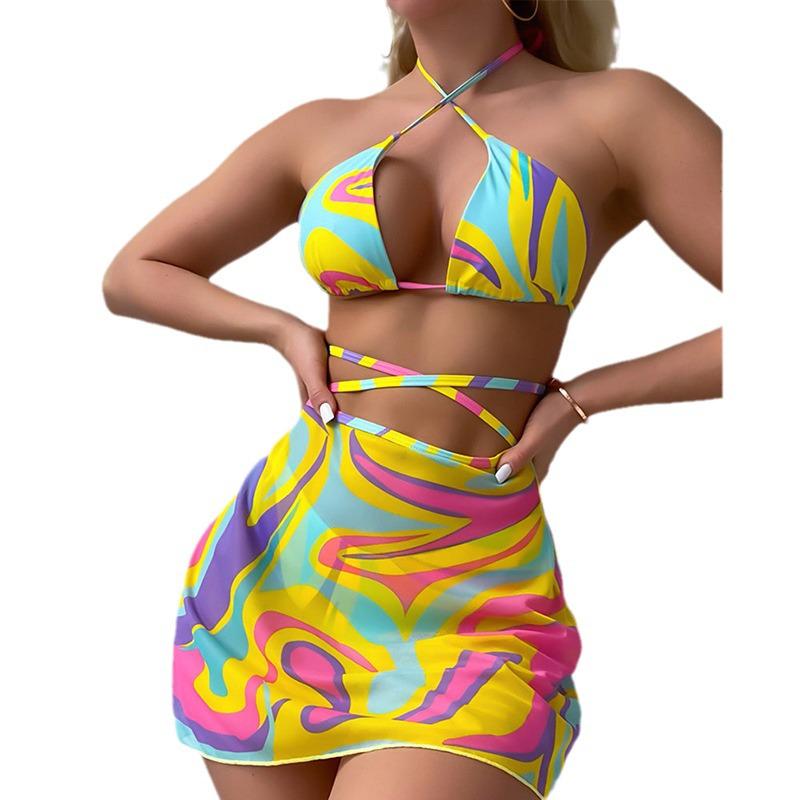 Criss-Cross Printed Bikini Swimsuit Three-Piece Set with Beach Skirt - 2025 New Style