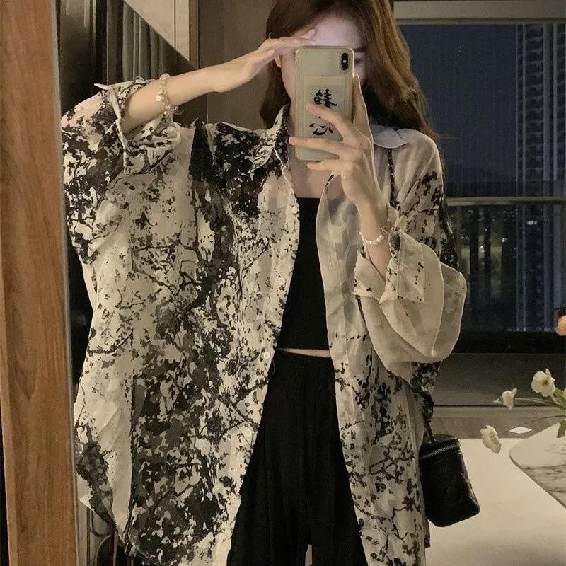 Summer Long Sleeve Shirts Women Loose Tie Dye Gothic Streetwear All-match Casual Tops Students Blouses Vintage Spring