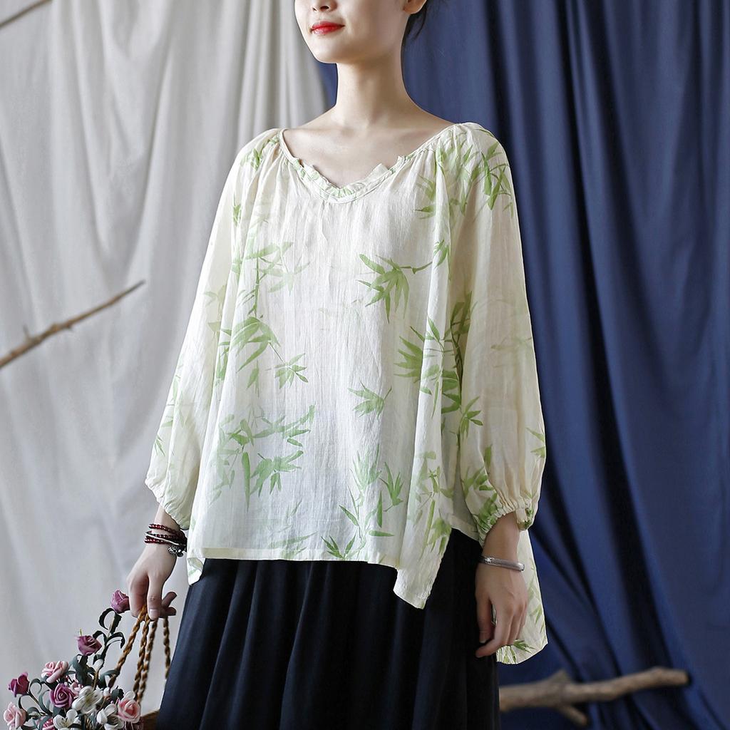 Johnature Women Vintage Ramie T-Shirts V-Neck Long Sleeve Print Floral Green Tees Autumn Loose Casual Women T-Shirts