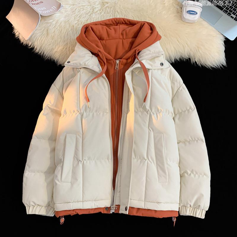 New hooded padded clothes men's winter windproof thickened padded clothes couple women thickened fake two-piece padded jacket