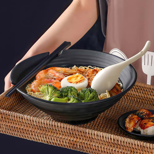 YFWOOD 6-Piece Spoon Set, 17cm Ceramic Soup Spoon with Curved Long Handle, Dinner Spoon for Curry, Ramen, Fried Rice, and Other Cooking