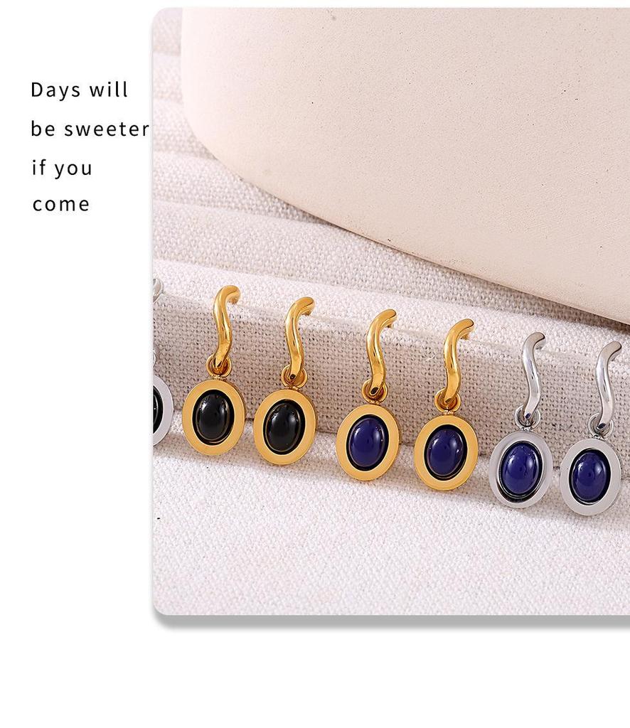 Qiong Yao European Oval Agate Earrings, 18K Gold-Plated Stainless Steel, Elegant and Exquisite Drop Design for Women