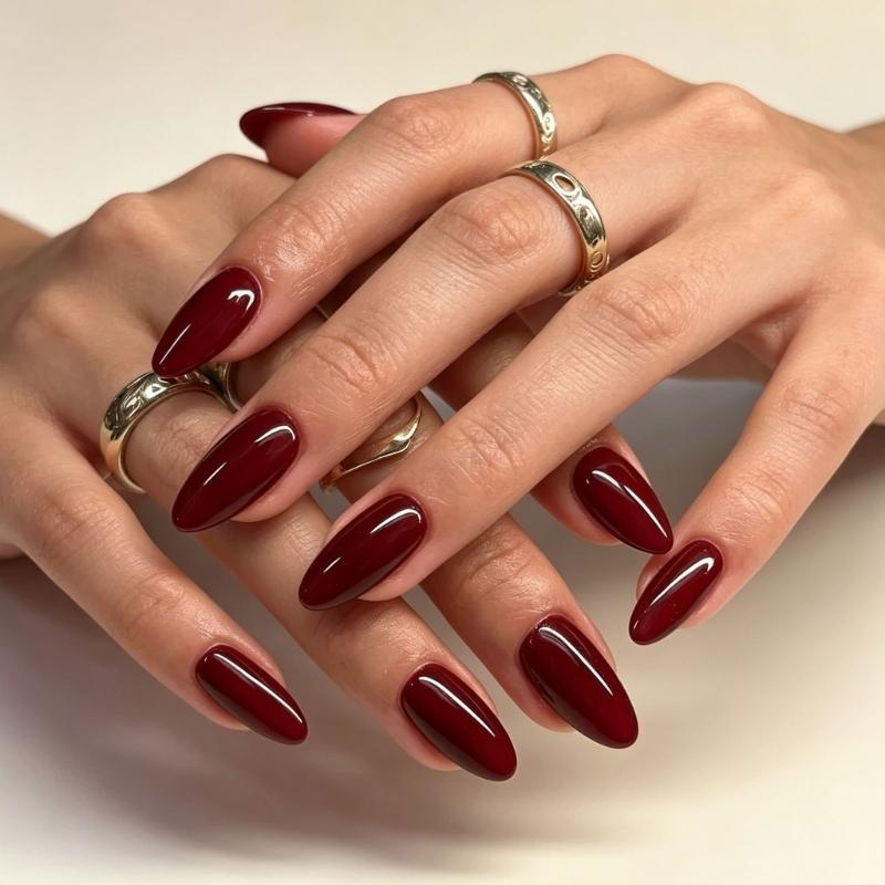 Stick On Nail Wine-Tone Press-On Fingernail Covers, Almond Form Reflective ABS Set for At-Home Manicure Styling with Uniform Color Result