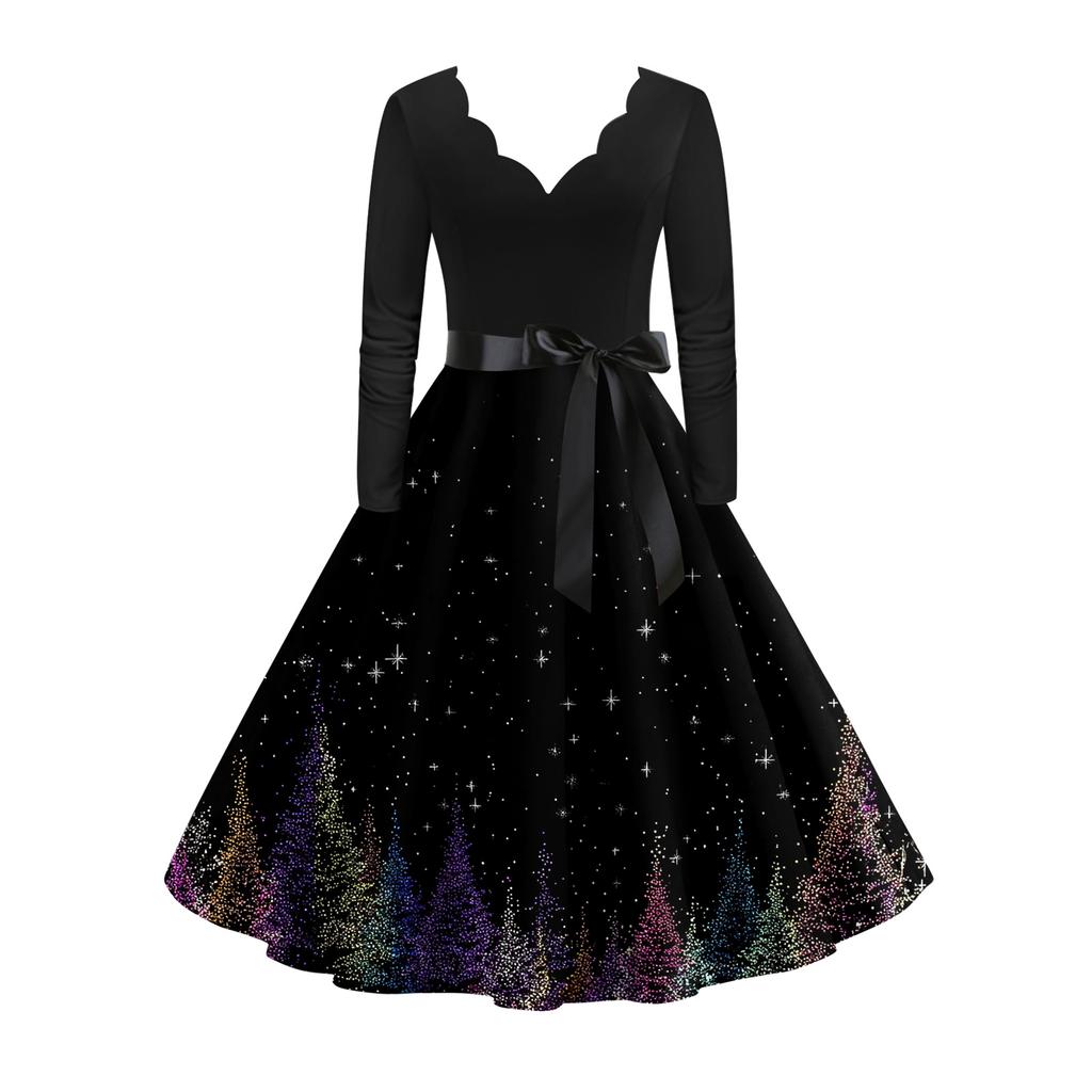 Women's Casual Fashion Long Sleeve Christmas Graphic Printed Vintage Long Dresses