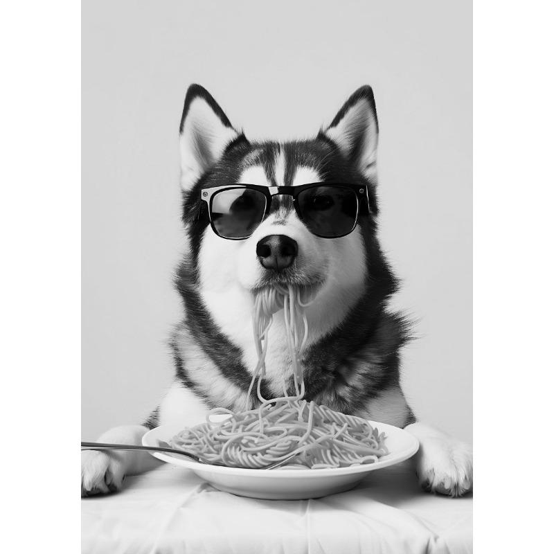 Interesting Animal Collie Eating Spaghetti Bulldog Cook Animal Portrait Poster Canvas Paintings Wall Art Pictures Home Decor