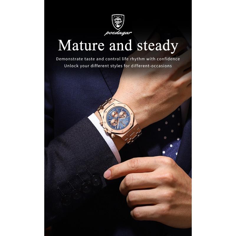 POEDAGAR Luxury Men's Watches Stainless Steel Date Chronograph Male Watch Waterproof Luminous Military Quartz Wristwatch