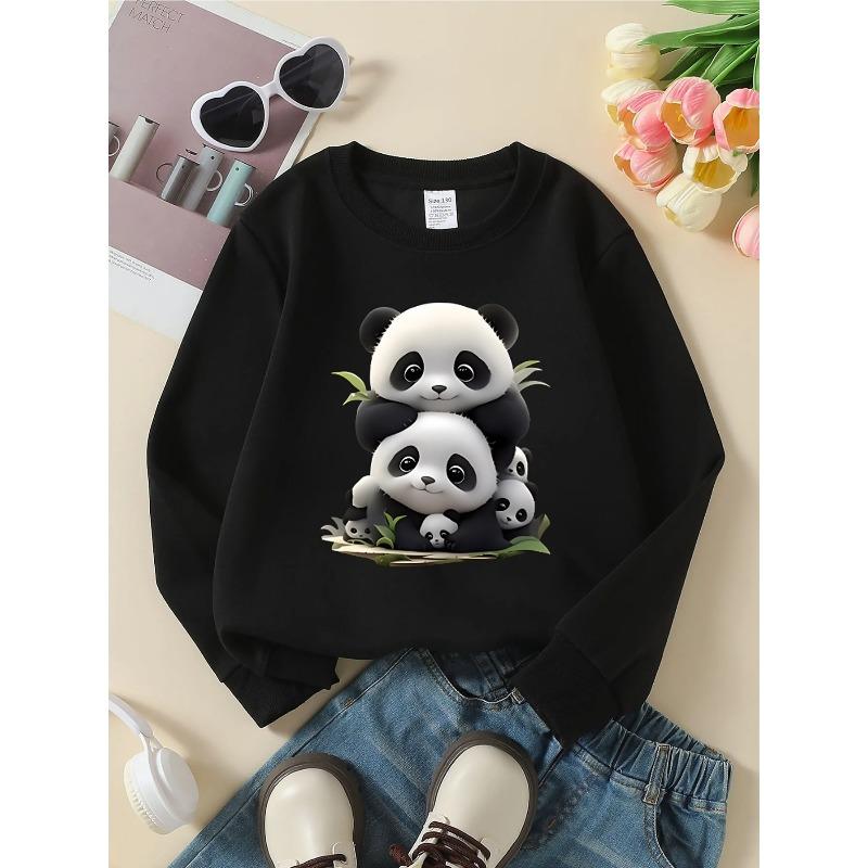 European Sizes Kids' Crewneck Sweatshirt - Cute Panda Stack Pattern Print | Sportswear and Casual Wear, Soft and Comfortable, Clothing, Teenagers
