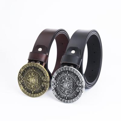 Glossy Whole Cowhide Belt, Zinc Alloy Ancient Tin Aztec Calendar Belt, Retro Large Size Pure Leather Belt.