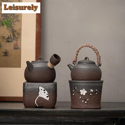 Antiker gebrannter Grobkeramik-Rundofen zum Aufbrühen von Tee, Teewärmer, Alkohol, Kohlefeuerofen, Wasserkocher-Set