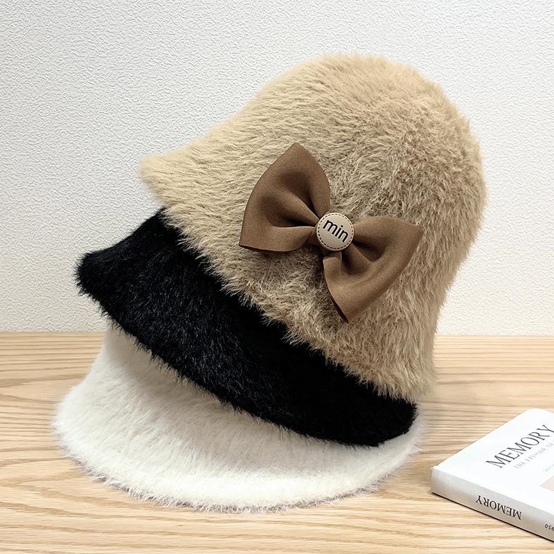 New Autumn and Winter Fisherman Hat with Butterfly Bow Cold Resistant and Warm Solid Color Simple Bucket Hat