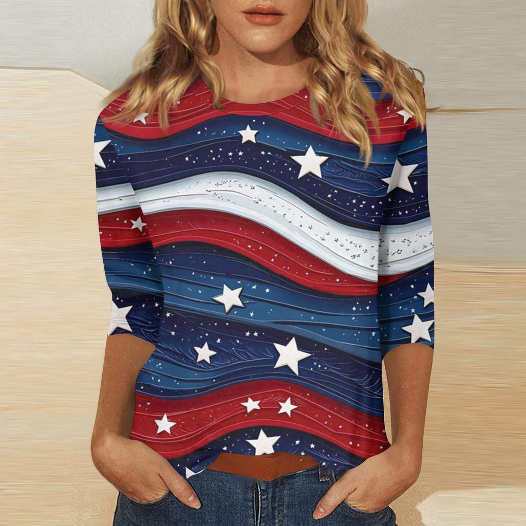 Women's Independence Day Print Round Neck Seven-Eighths Sleeve Top