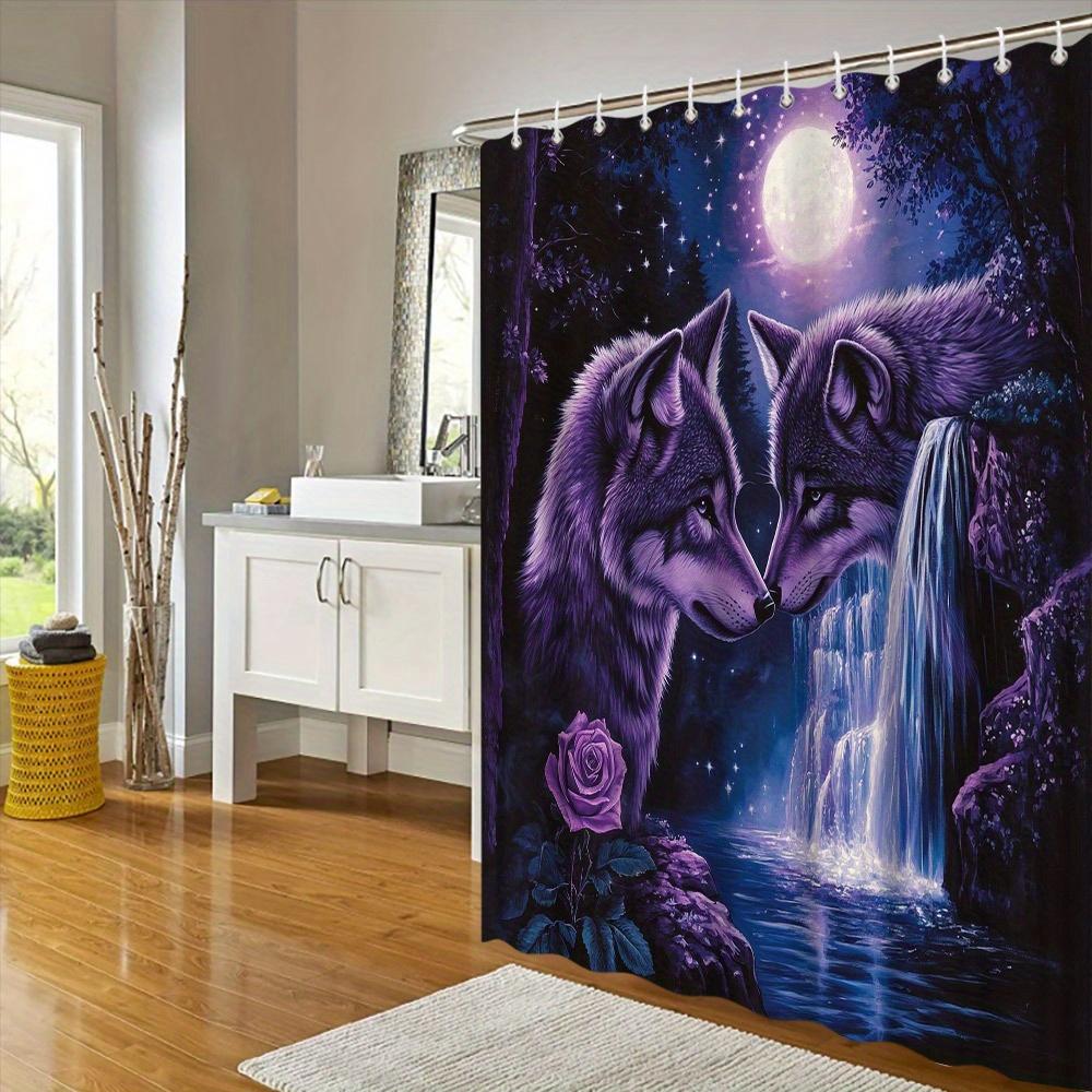 Mystical Wolf Shower Curtain -Anthropomorphic Wolves, Moonlight, Purple Gray Fur, Starry Night & Waterfall, Pink Rose, Polyester