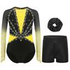 Mädchen Turnanzug Netz Langarm Leotard Strass-Dekor Shorts Stirnband Set