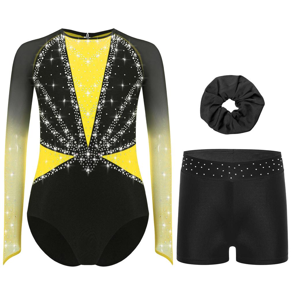 Mädchen Turnanzug Netz Langarm Leotard Strass-Dekor Shorts Stirnband Set