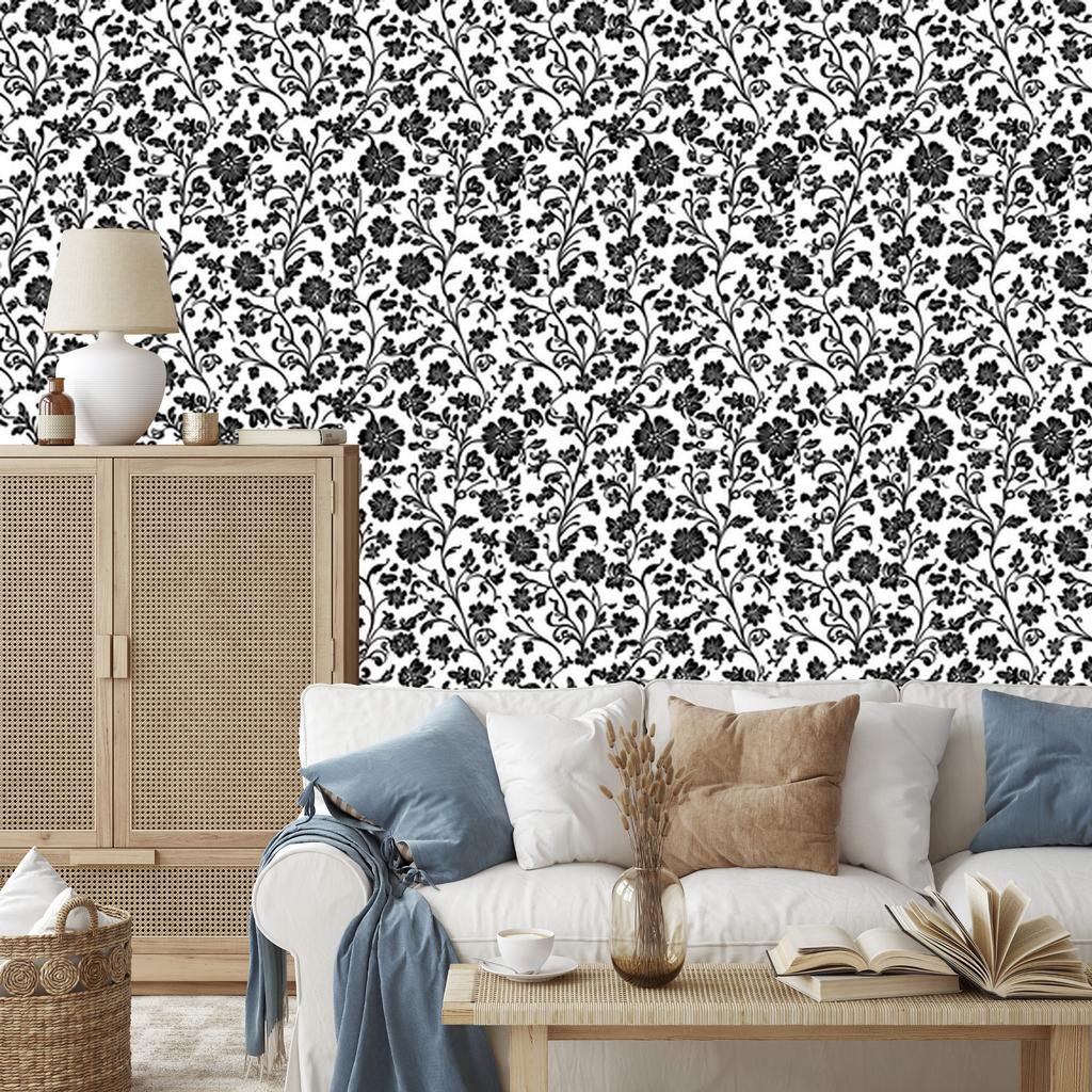 Wallpaper Black and white flowers gray, graphite and light gray 50x1000