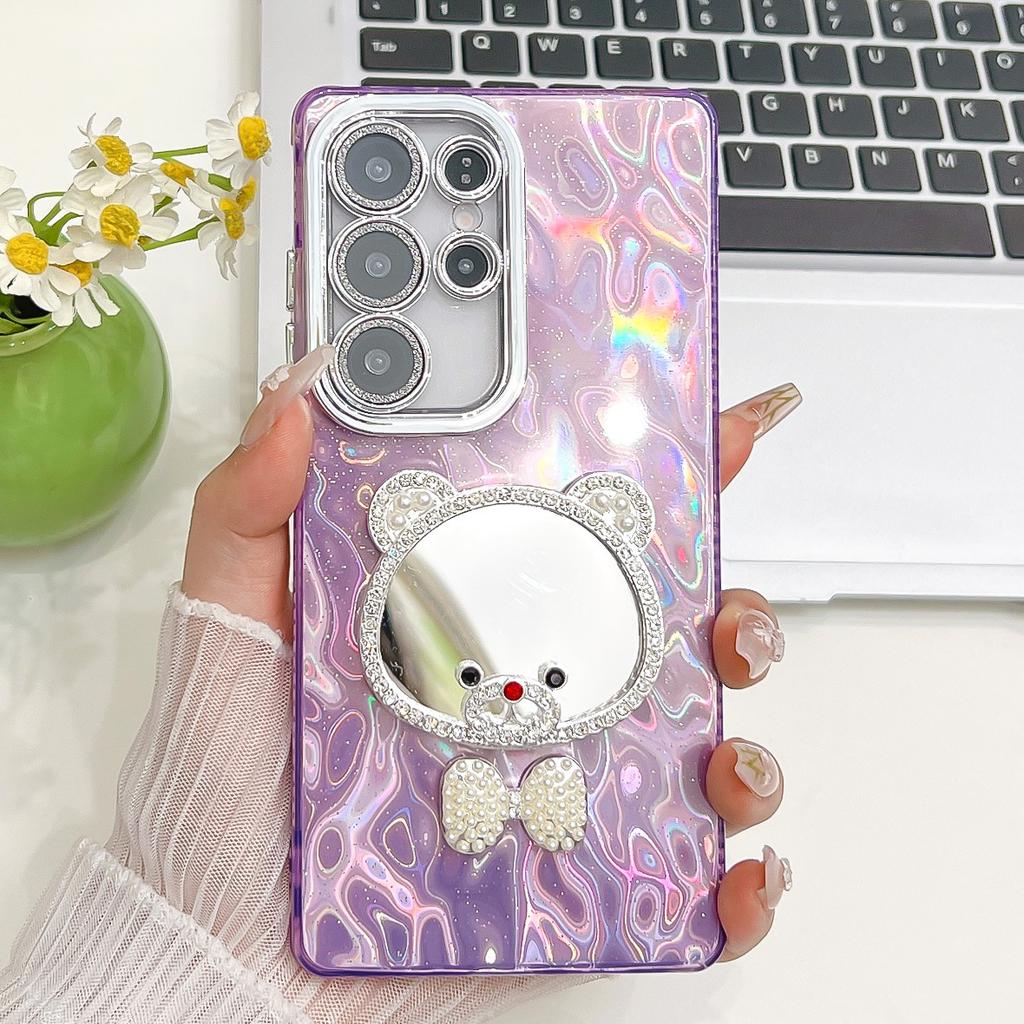 Advanced Wrinkles Suitable for Samsung S25ultra Bracelet Mobile Phone Case S24 Cartoon Mirror A56 Flash Powder Lens Film