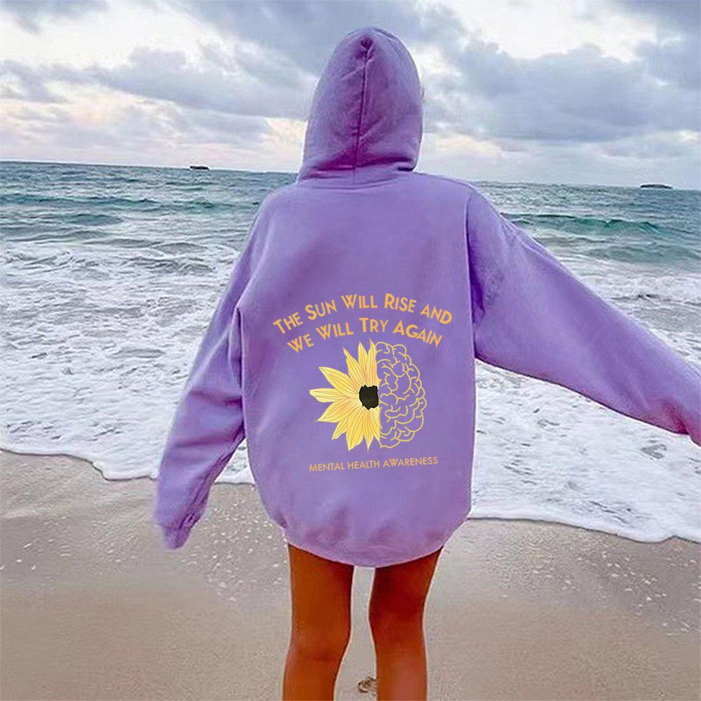 2025 Spring & Autumn Sunflower Printed Hoodie with Drop Shoulder Sleeves