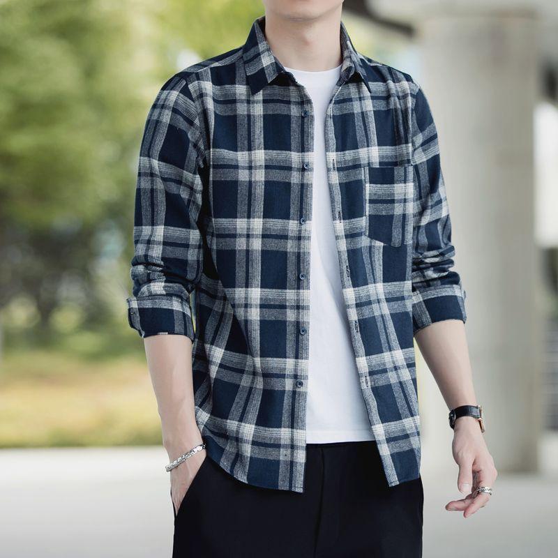 Autumn New Thickened Plaid Shirt Men's Casual Long-sleeved Shirt Korean Style Loose Jacket