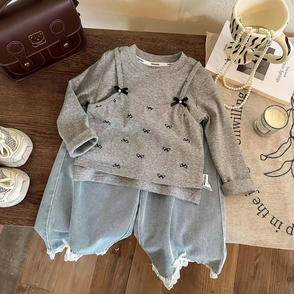 Girls Spring Autumn Fake Two Piece Solid Base Shirt Bowknot Splice Versatile Princess Top