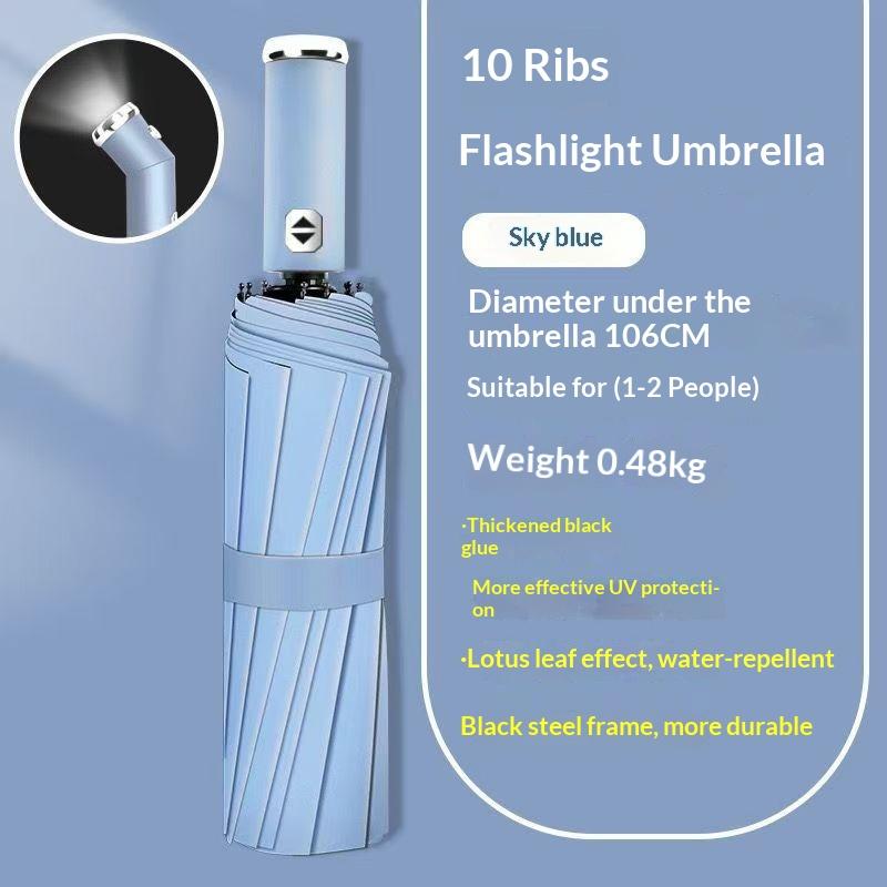 Fully Automatic Three Fold Umbrella Rotatable LED Flashlight Business Wind Resistant Folding Umbrella Sunny Umbrella