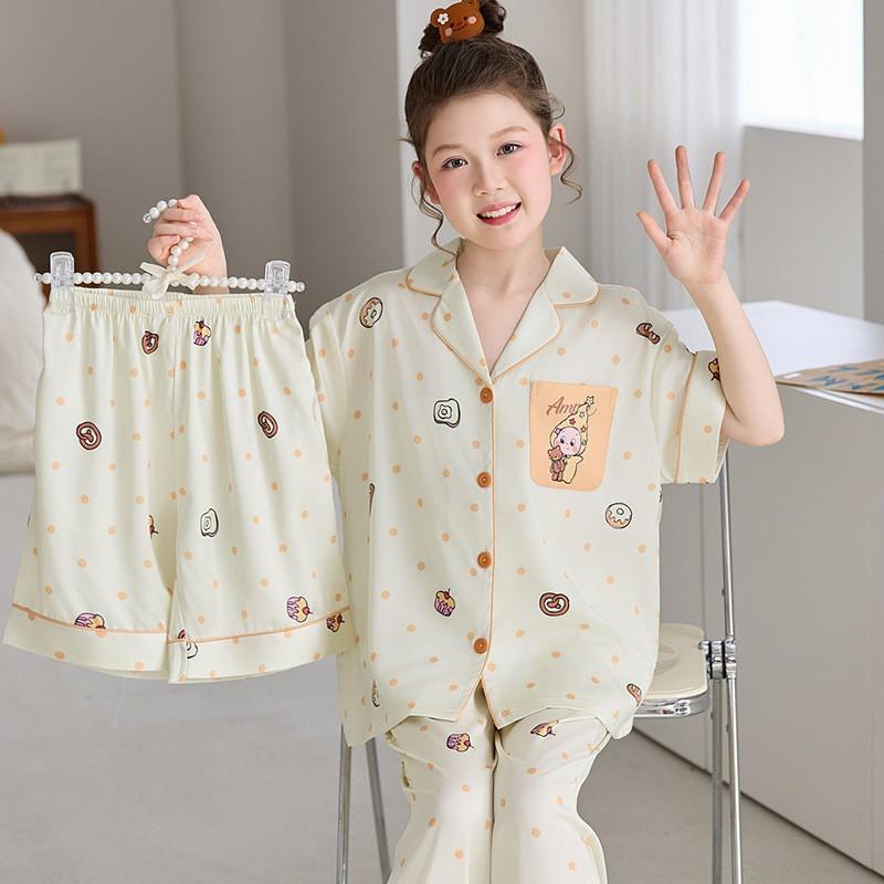 Girls Ice Silk Pajama Set Short Sleeve 3-Piece Cartoon Home Wear Ages 8