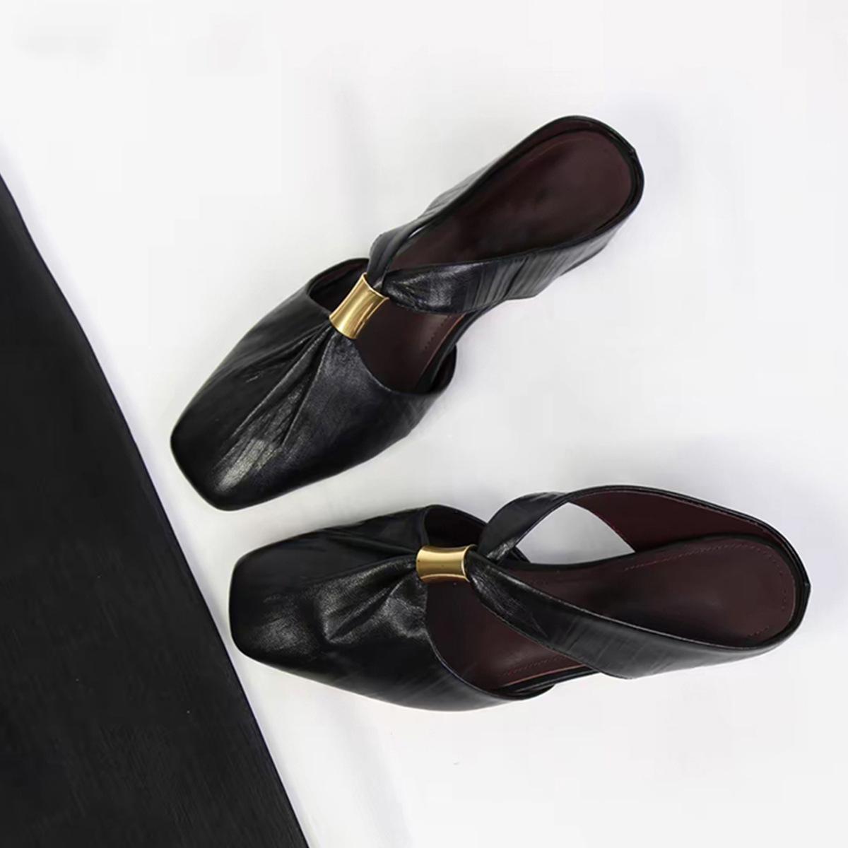 

Sheepskin version~ New French inner height increase pleated sheepskin bag head shoes women s one-pedal hollow square head half slippers summer 35 чёрный