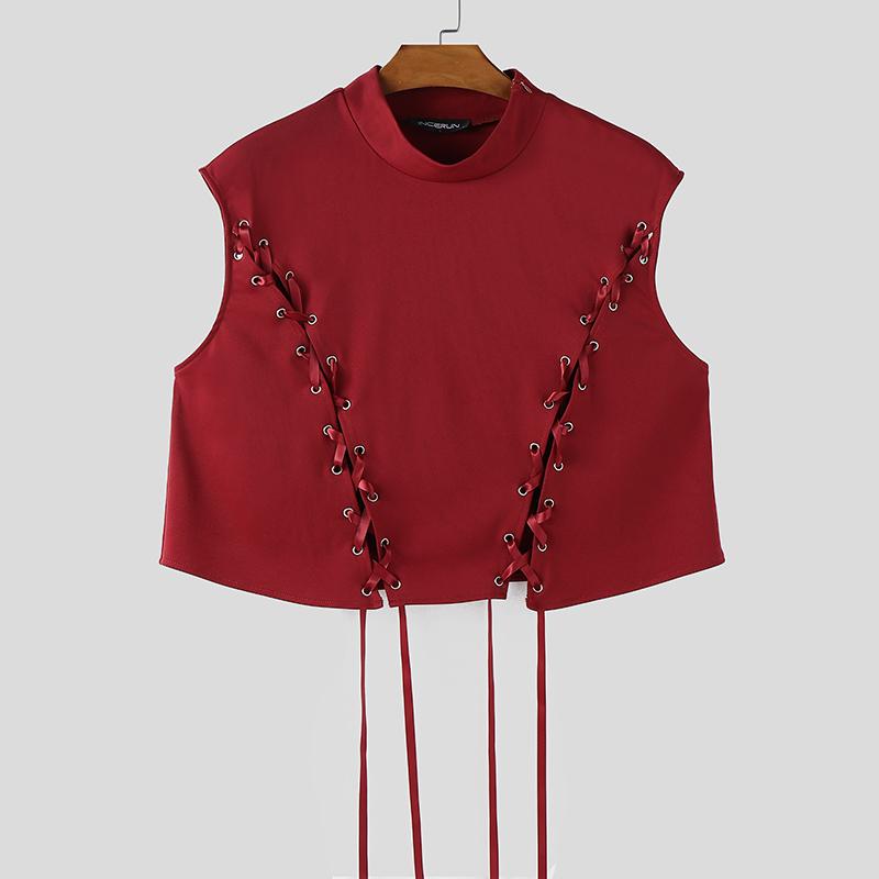 INCERUN Summer Men Sleeveless Bandage Lace-up Party Short Tank Tops