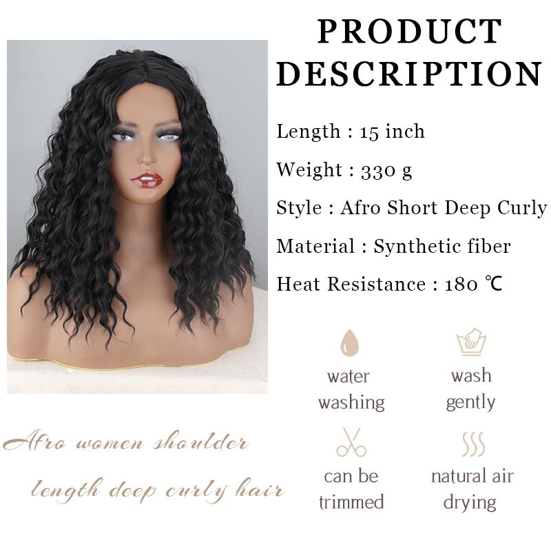 XINRAN Afro Dames Mode Schouderlengte Kinky Krullend Natuurlijk Zwart Pruik Zonder Pony Synthetische Vezel Diep Krullend Zwart Pruik