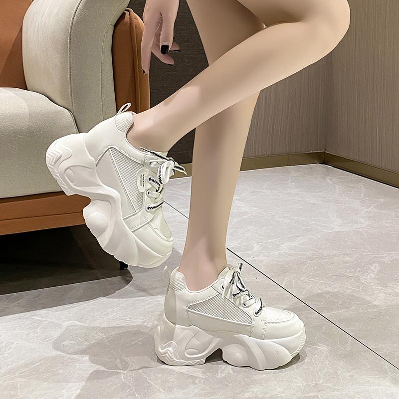 Fashion Women Walking Sneakers New Autumn Lace-up High Platform Chunky Shoes Breathable Mesh Shoes 9CM Wedge Heels Casual Shoes