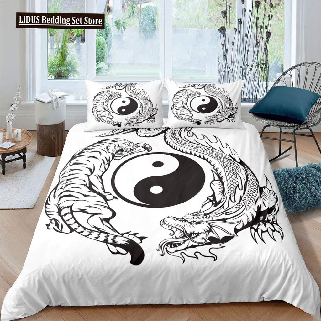 Red Base Black Dragon Print Duvet Cover Set Chinese Dragon Pattern Bedding Sets Full Size Microfiber 2/3 Pieces Comforter Sets