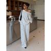 Womens Polka Dot Print Off Shoulder Long Sleeve Loose Casual Two Piece Sweatshirt Pant Set