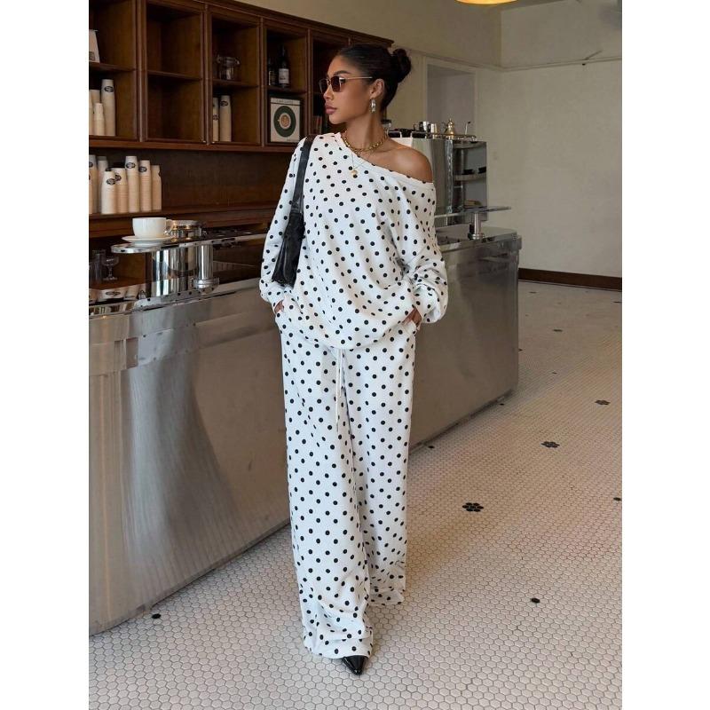 Womens Polka Dot Print Off Shoulder Long Sleeve Loose Casual Two Piece Sweatshirt Pant Set