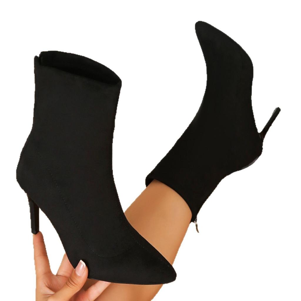Nuevas botas cortas negras de tacón alto puntiagudo para mujer, botas de primavera y otoño de una sola capa, tacones finos puntiagudos, botas finas elásticas de talla grande de comercio exterior