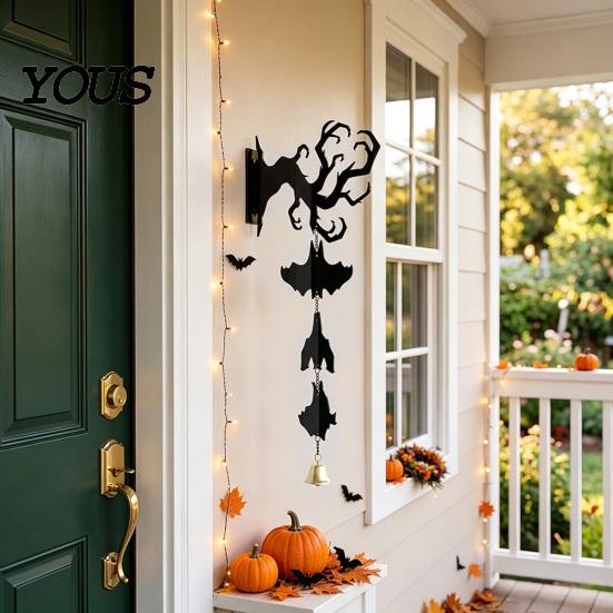 Halloween Courtyard Decoration Hanging Wall Decor, Matte Black Dead Branch Bat Silhouette Ornament Durable Acrylic Holiday Sign with Metal Bell, Easy