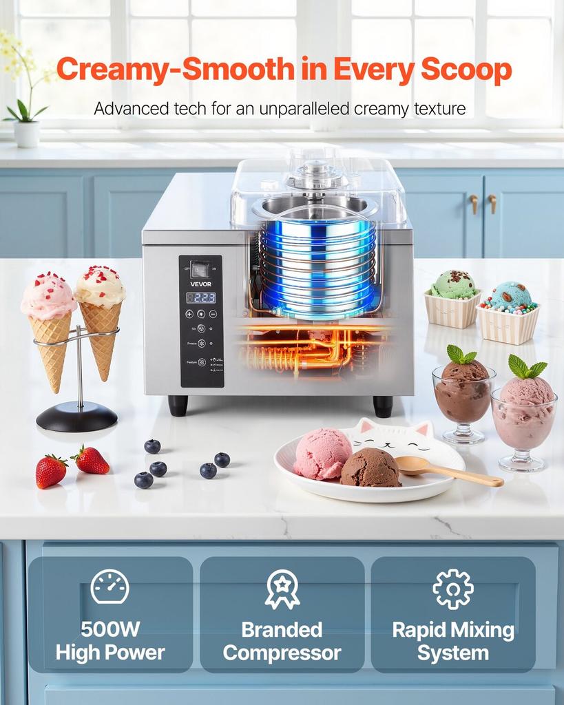 Commercial Hard Ice Cream Machine, 500W 5L Per Hour, Gelato Hard Serve Ice Cream Maker with 2.8L 304 Stainless Steel Cylinder, Auto Clean LED Panel
